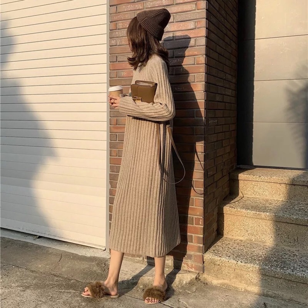 Sweater dress rib knit mocha brown long sleeve dress womens - Picture 3 of 6